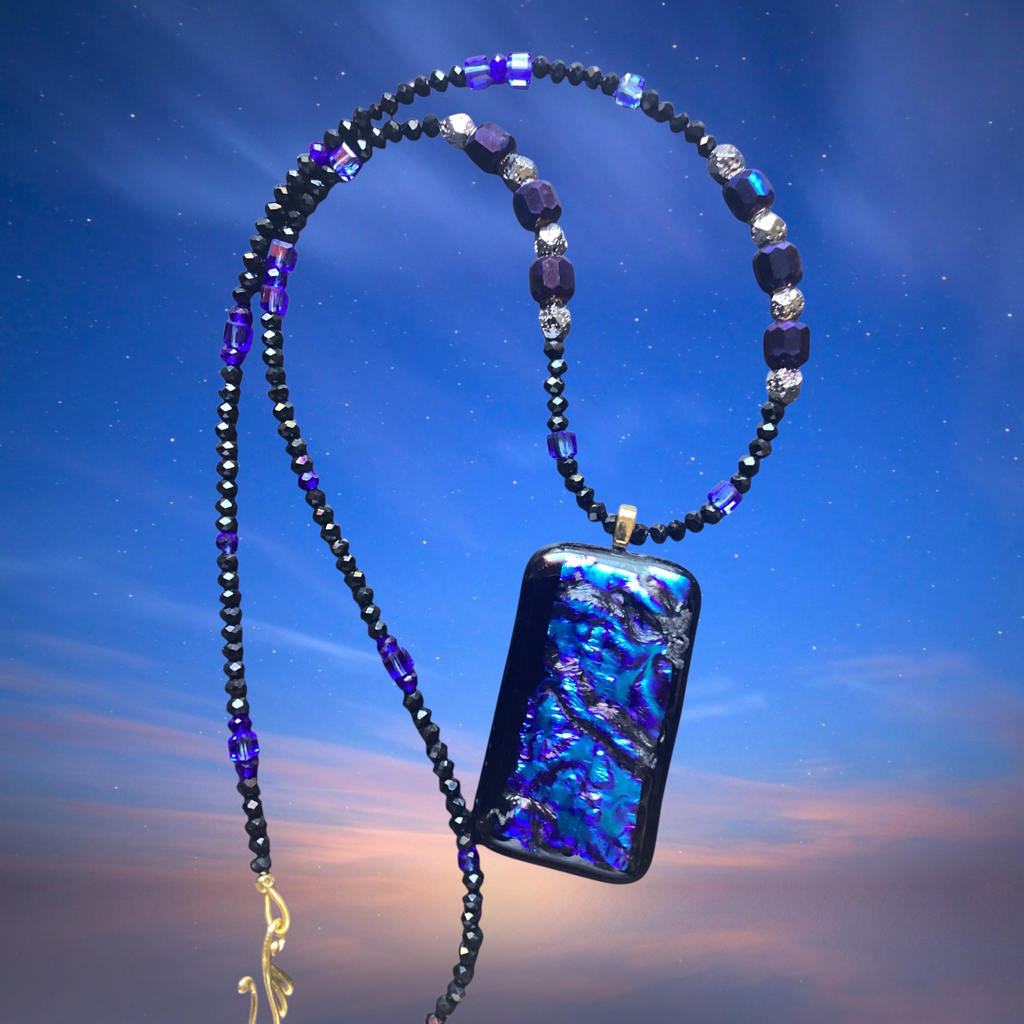 Artisan Beaded Necklace with Dichroic Pendant and Bracelet Jewelry Set