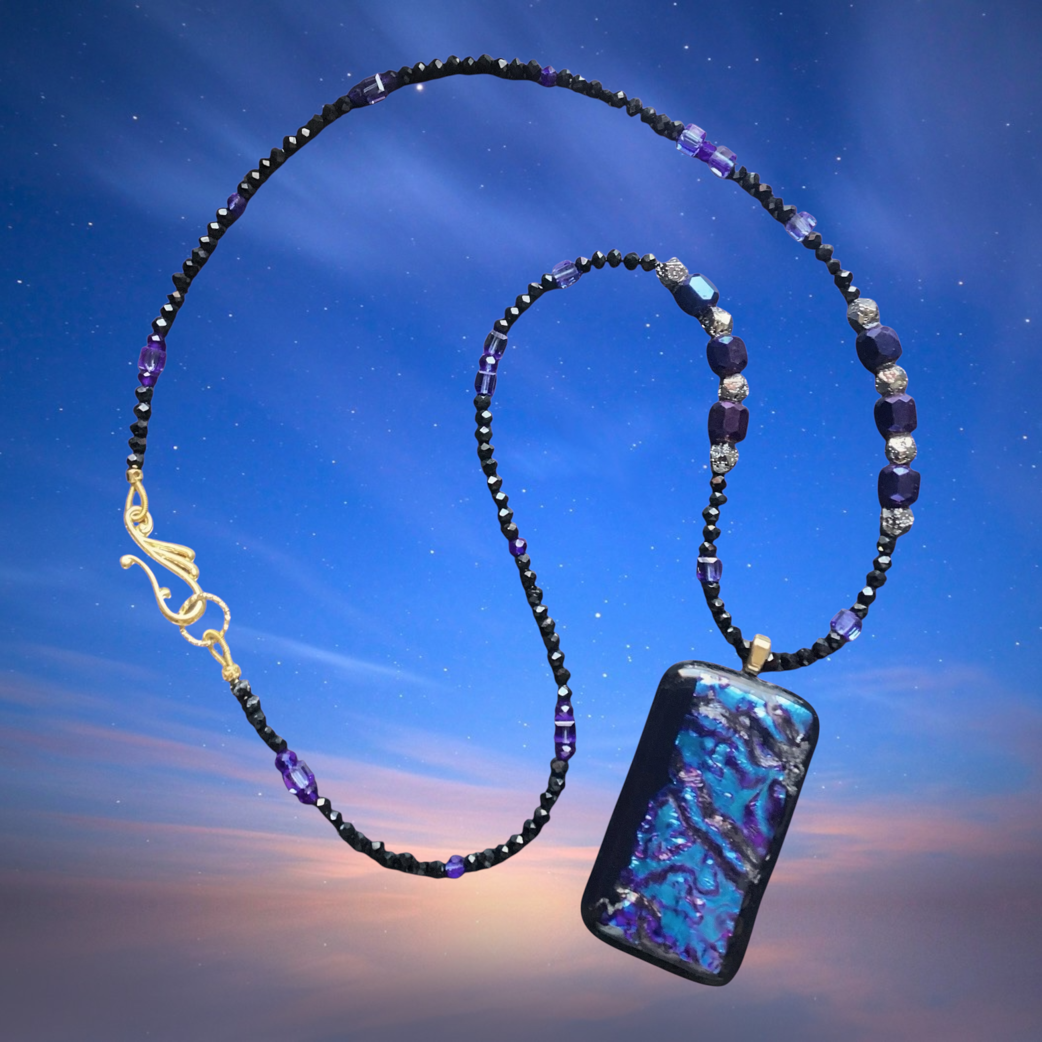 Artisan Beaded Necklace with Dichroic Pendant and Bracelet Jewelry Set