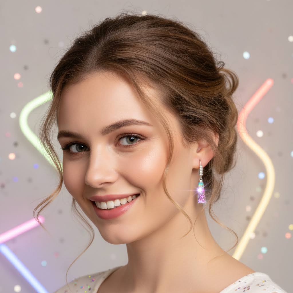 A smiling woman with styled brown hair wears a dangling earring with a silver-toned setting, a light blue bead, and a pink tassel charm. The background is a soft gray with glowing multicolored neon light shapes.