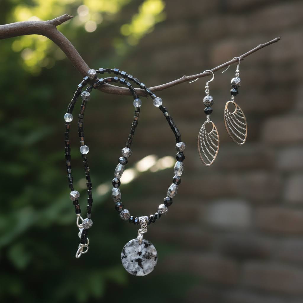 Heartfelt Creations  handmade jewelry set featuring a necklace and matching earrings, crafted from various black, white, and silver beads, with a circular, speckled granite-like stone pendant on the necklace and intricate, black filigree leaf-shaped pendants on the earrings.