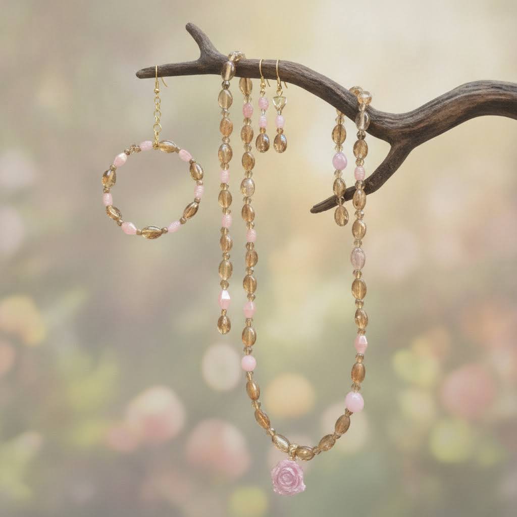 Heartfelt Creations design of a vintage-style jewelry set consisting of a necklace, bracelet, and earrings, all featuring a mix of translucent amber-colored glass beads and opaque pale pink beads, with the necklace having a large, carved pink rose pendant and the earrings being a dangling design with a single amber and pink bead.