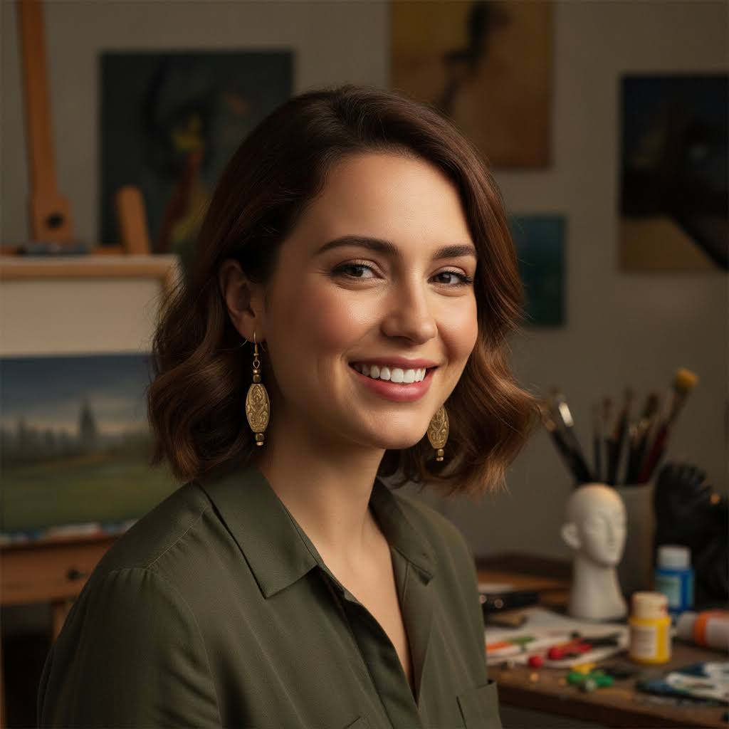 A smiling woman with shoulder-length brown hair wears gold-toned dangling earrings and an olive green collared shirt in a warmly lit art studio with paintings and painting supplies visible in the background.