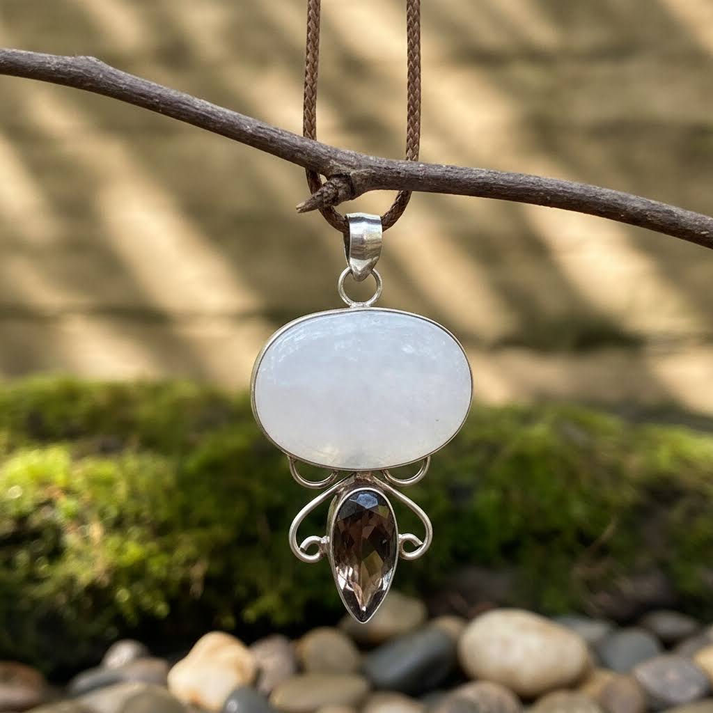 a handmade sterling silver pendant featuring a large, oval-shaped white moonstone cabochon and a smaller, teardrop-shaped faceted smoky quartz gemstone, connected by intricate silver wire scrollwork, suspended from a braided brown leather cord.