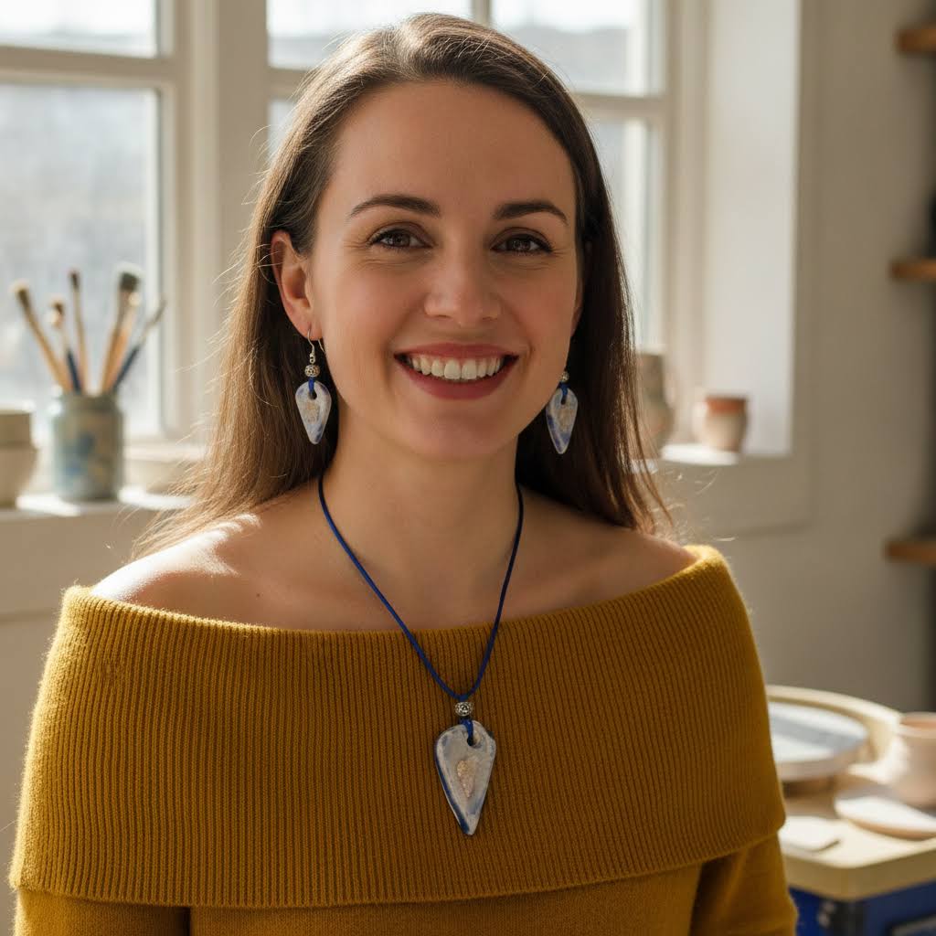 Heartfelt Creations artisan a unique, handcrafted ceramic pendant with a crackled white glaze and a deep blue base, featuring a natural, rough-cut crystal embedded in its center, suspended from a vibrant blue silk cord with a decorative silver-toned bead