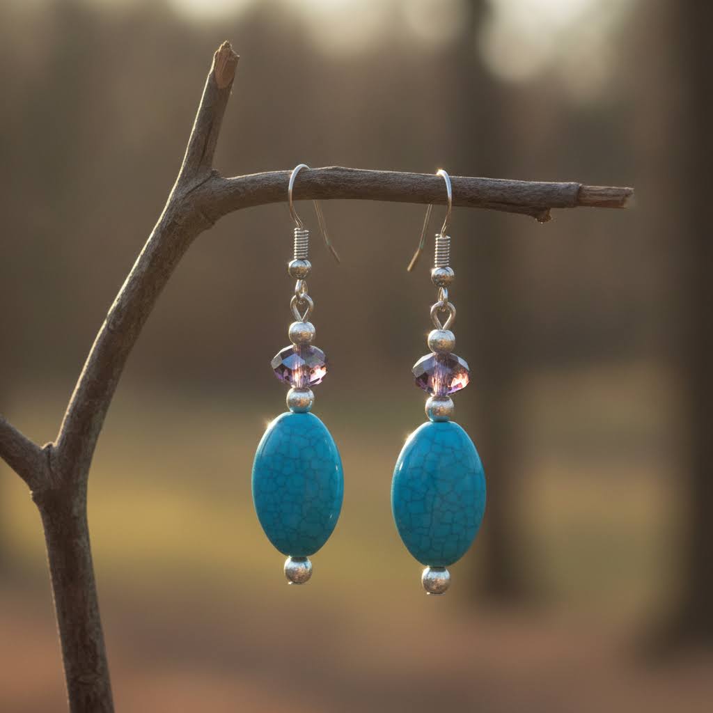 A pair of dangling earrings with oval turquoise-blue beads, silver-toned spacer beads, and small faceted lavender-purple beads, hanging from a tree branch against a blurred outdoor background.