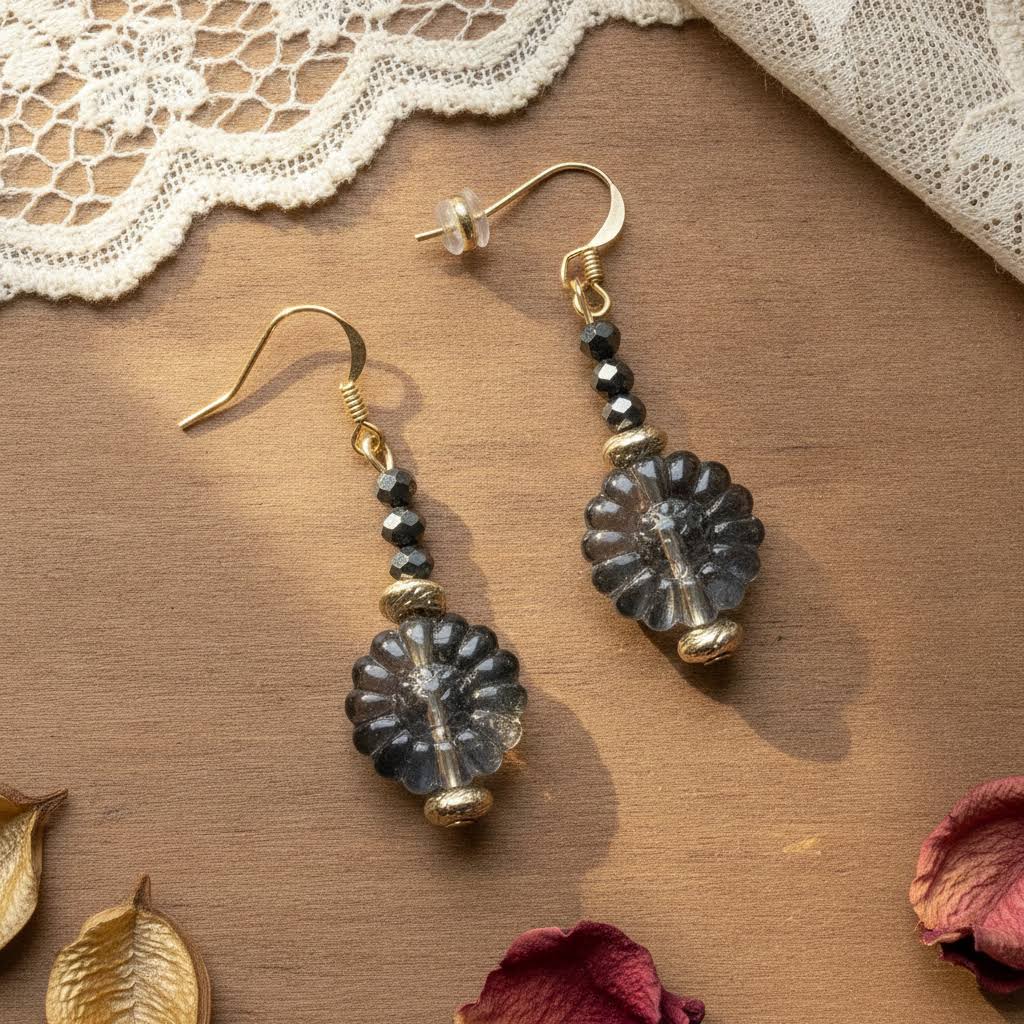 A pair of bohemian-style dangle earrings with dark gray marbled beads, faceted black beads, and gold-toned metal hooks, displayed on a textured brown surface with lace and dried flower petals.
