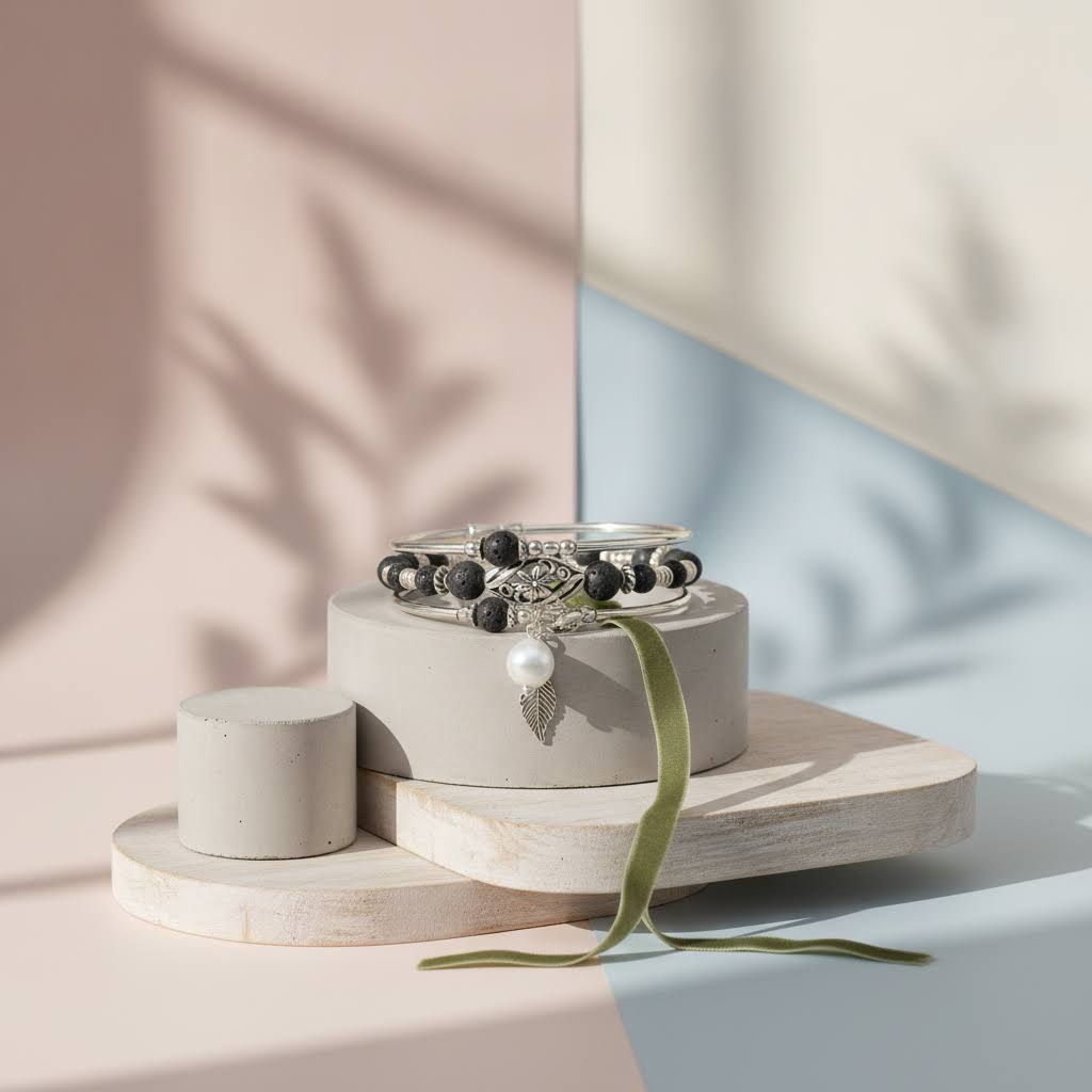 Heartfelt Creations' multiwrap specialty:  A bracelet with  two silver-toned bangle coils with black lava stone beads  and one silver-toned coil featuring a silver floral filigree charm, a silver leaf charm, and a white pearl bead.