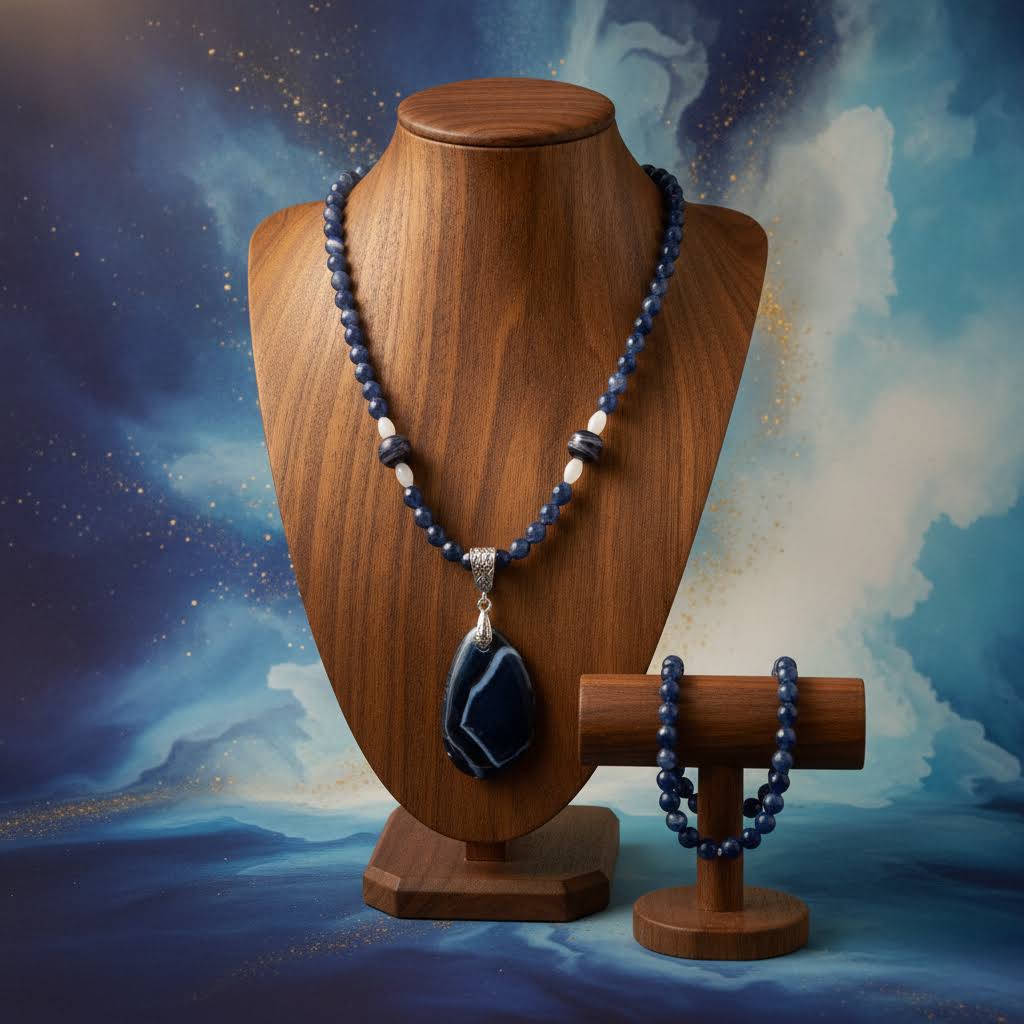 a handmade jewelry set featuring a necklace and a bracelet, both crafted from small, polished, dark blue sodalite beads, with the necklace additionally adorned with two larger, striped agate beads and a prominent teardrop-shaped dark blue agate pendant with white veining, all connected by a sterling silver clasp and decorative bail.