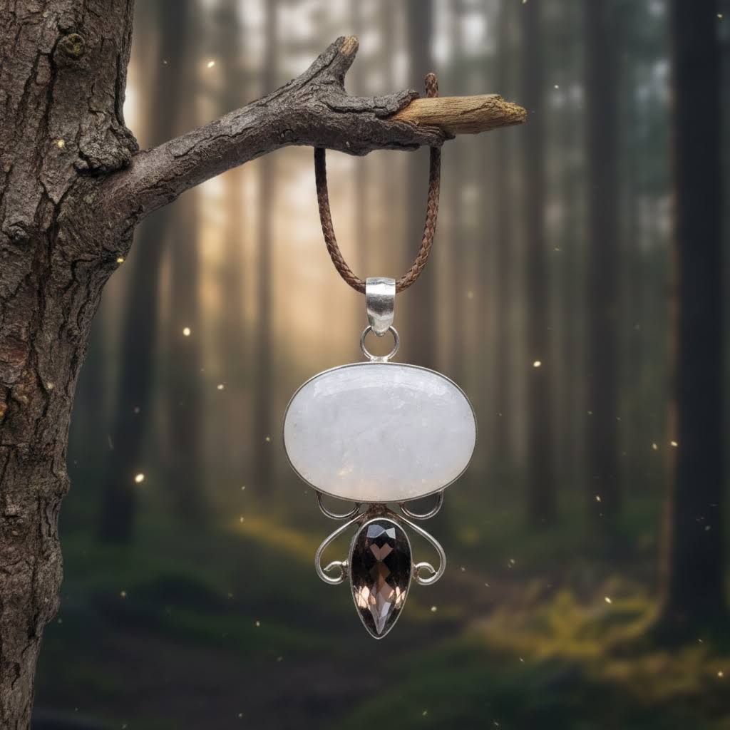 a handmade sterling silver pendant featuring a large, oval-shaped white moonstone cabochon and a smaller, teardrop-shaped faceted smoky quartz gemstone, connected by intricate silver wire scrollwork, suspended from a braided brown leather cord.