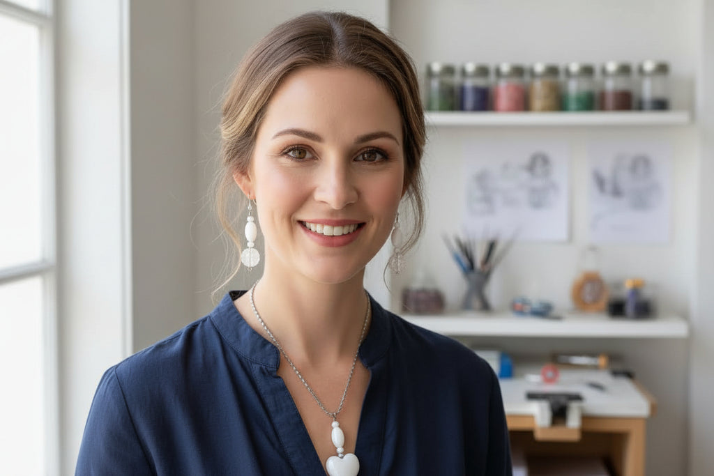 Heartfelt Creations offers a handcrafted  delicate jewelry set featuring a silver chain necklace with a heart-shaped, translucent white glass lampwork pendant and a pair of matching earrings with a combination of light white   and clear glass beads, with floral charms.