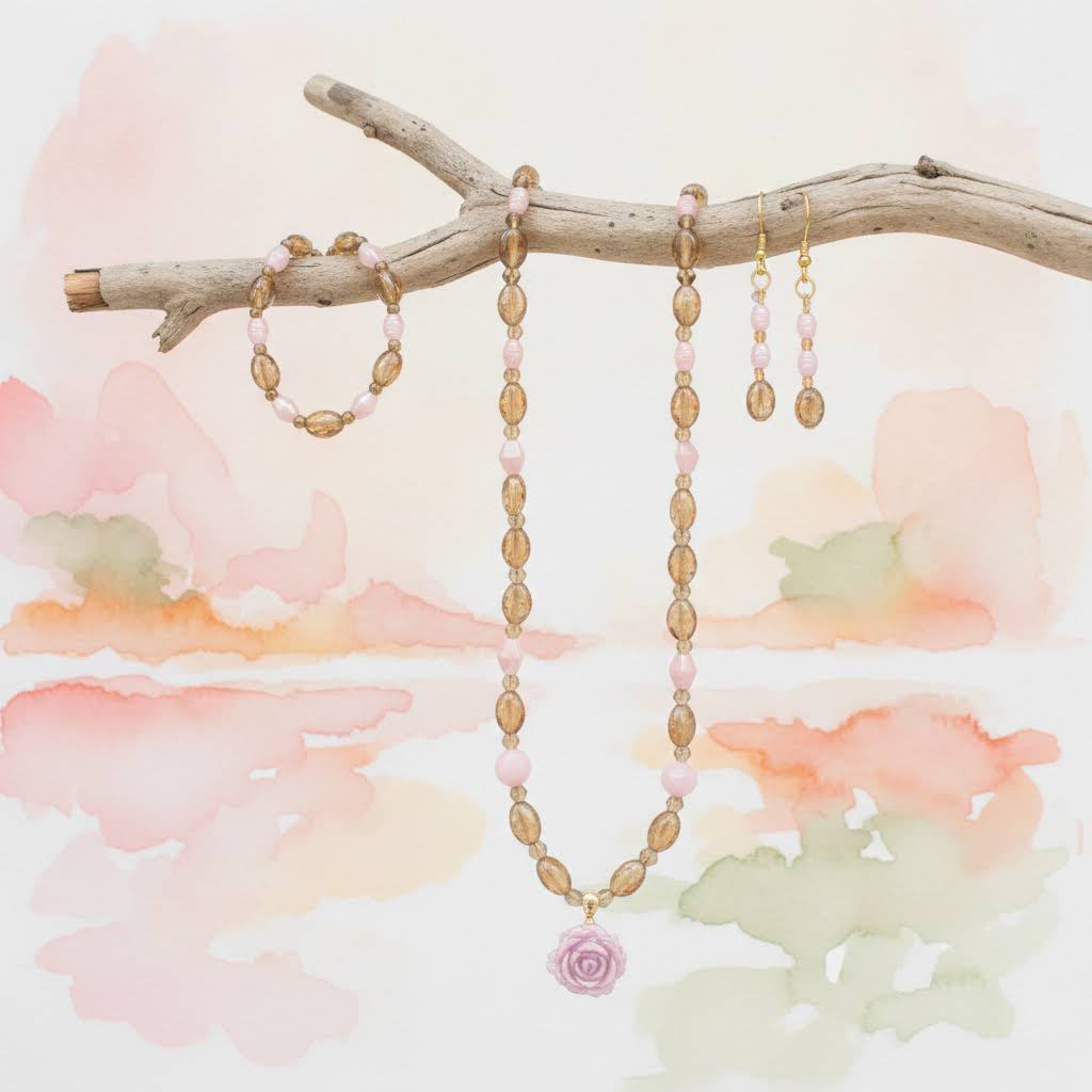 Pink Rose Pendant with Beaded Necklace, Bracelet and Earring Set