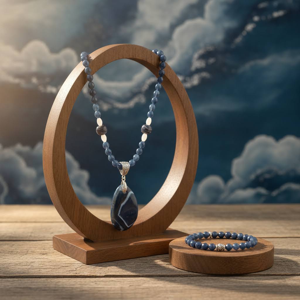 a handmade jewelry set featuring a necklace and bracelet, both crafted from polished, deep blue and white striped agate beads, with the necklace having a large, teardrop-shaped agate pendant suspended from a detailed silver bail, and the bracelet being a single strand of matching beads.
