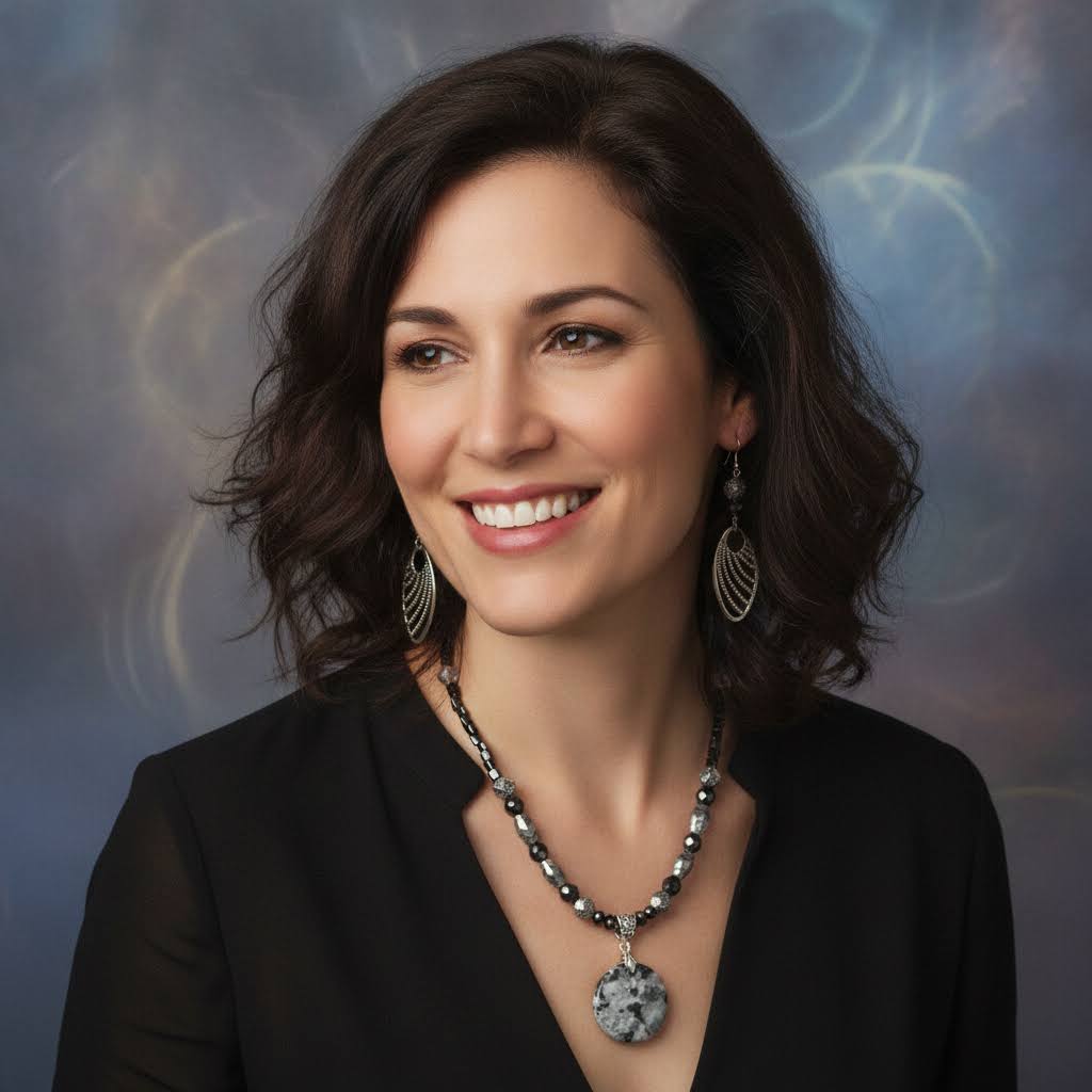 Heartfelt Creations  handmade jewelry set featuring a necklace and matching earrings, crafted from various black, white, and silver beads, with a circular, speckled granite-like stone pendant on the necklace and intricate, black filigree leaf-shaped pendants on the earrings.