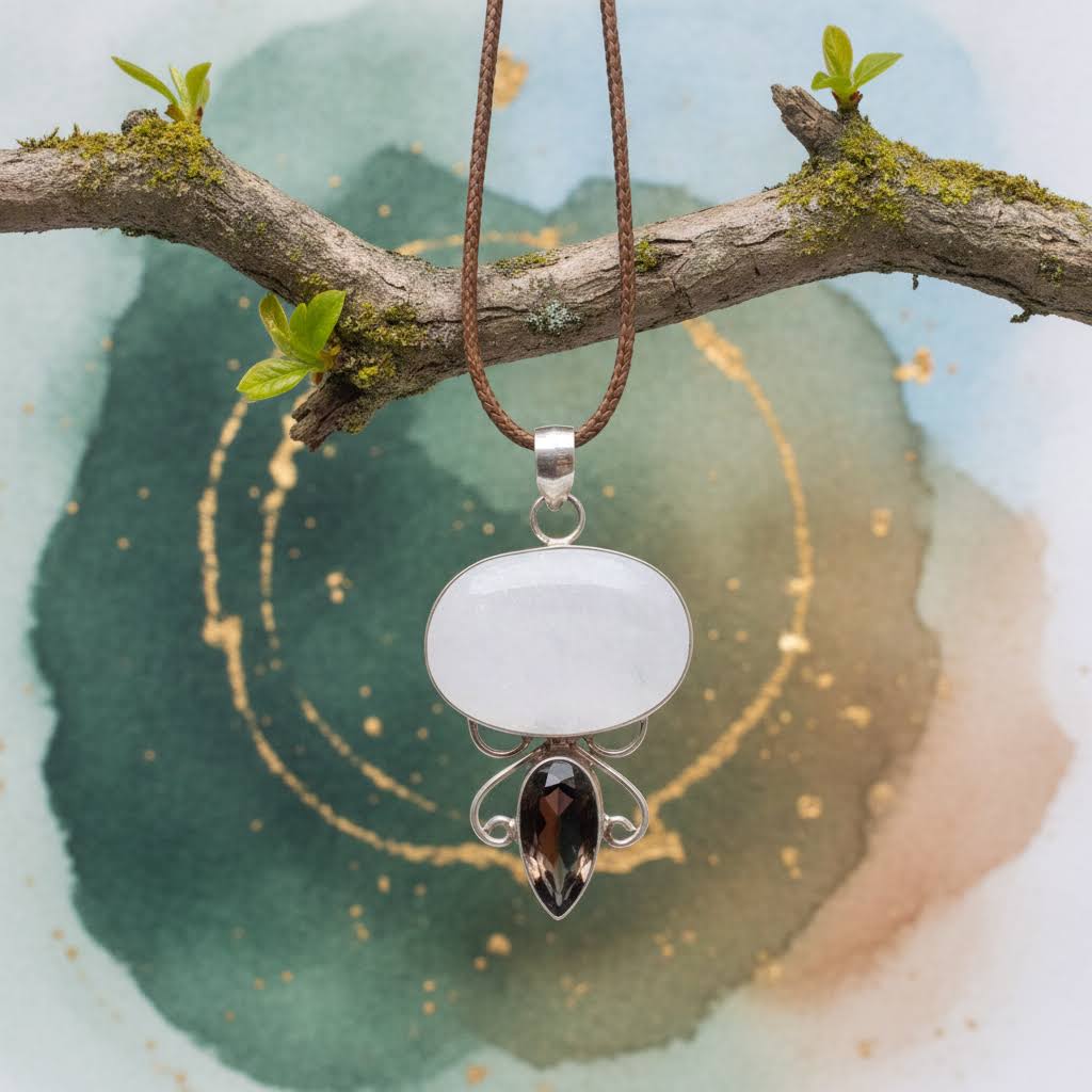 a handmade sterling silver pendant featuring a large, oval-shaped white moonstone cabochon and a smaller, teardrop-shaped faceted smoky quartz gemstone, connected by intricate silver wire scrollwork, suspended from a braided brown leather cord.