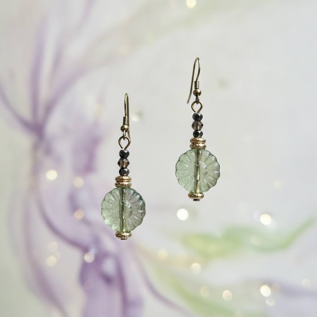 A pair of handmade dangle earrings featuring faceted light green beads and small gold-toned metal beads, shown against a soft, out-of-focus pastel background.