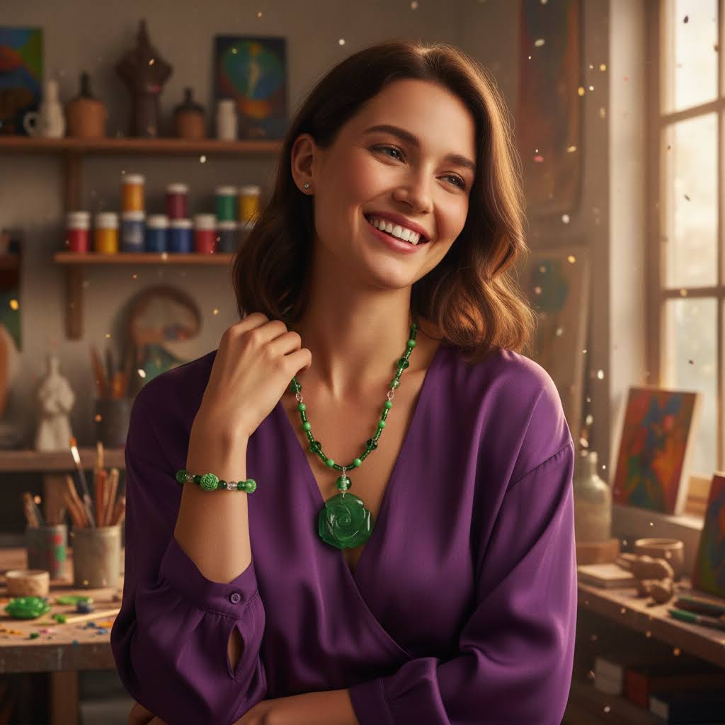 Heartfelt Creations' offers this stunning, nature-inspired beaded necklace and bracelet set. Featuring a vibrant palette of lush greens, this set is designed to add a touch of botanical elegance to any outfit. The centerpiece of the necklace is a beautifully detailed, frosted glass floral charm that captures the essence of a blooming rose, complemented by a variety of green beads that offer a rich, multi-textured look. The matching bracelet echoes this design, creating a cohesive and polished aesthetic.