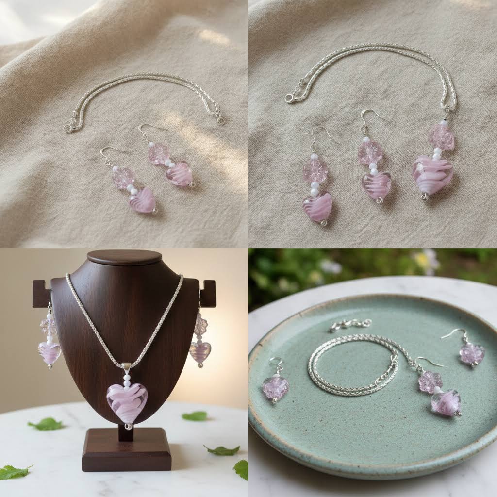 Heartfelt Creations offers a matching set of handcrafted jewelry, including a necklace and a pair of earrings, featuring silver-toned chains and hooks, with each piece adorned with a pale pink, swirled lampwork  glass heart bead and a delicate, clear glass flower bead.