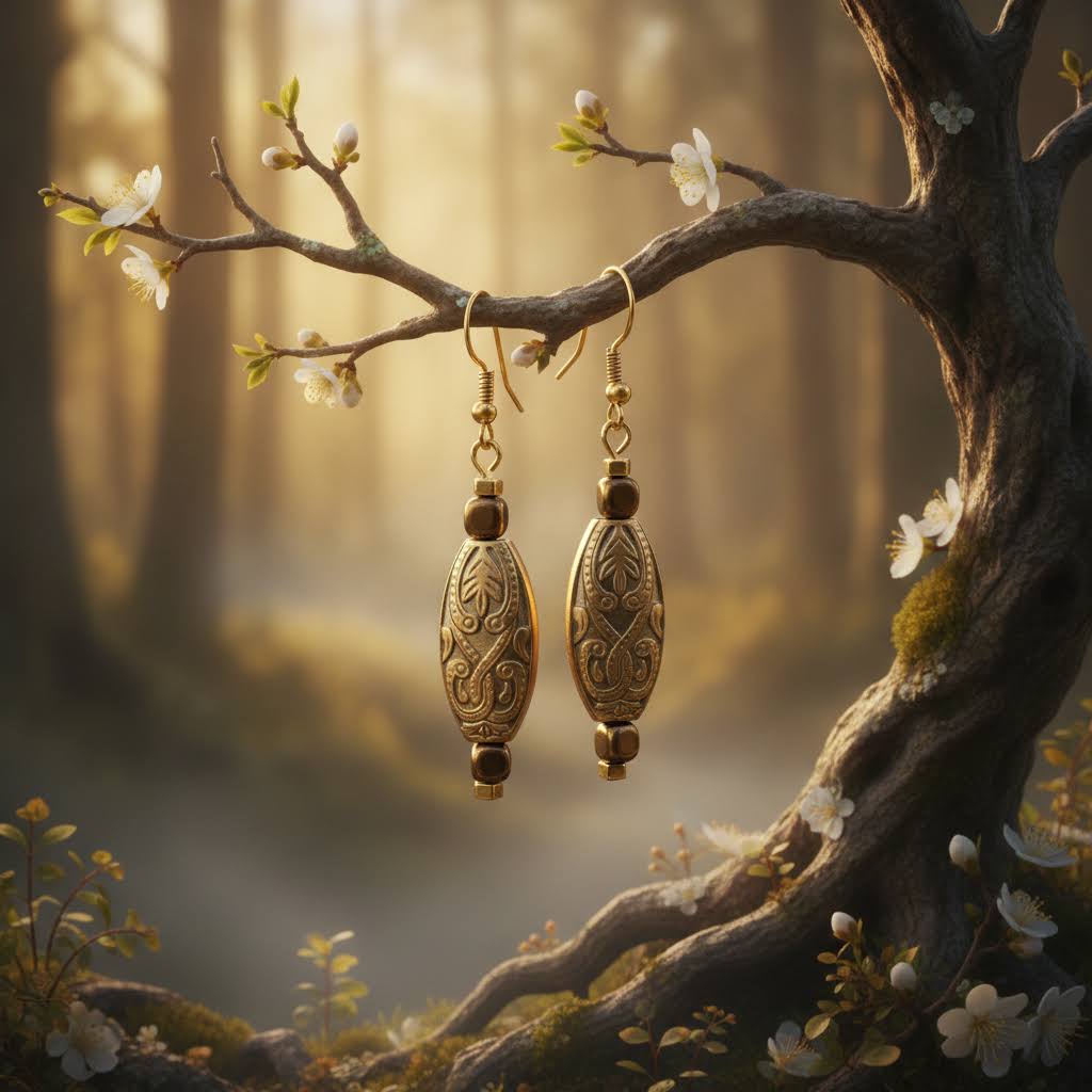 A pair of ornate gold-toned drop earrings with carved filigree details and small dark beads, hanging from a tree branch in a misty forest setting with white blossoms.