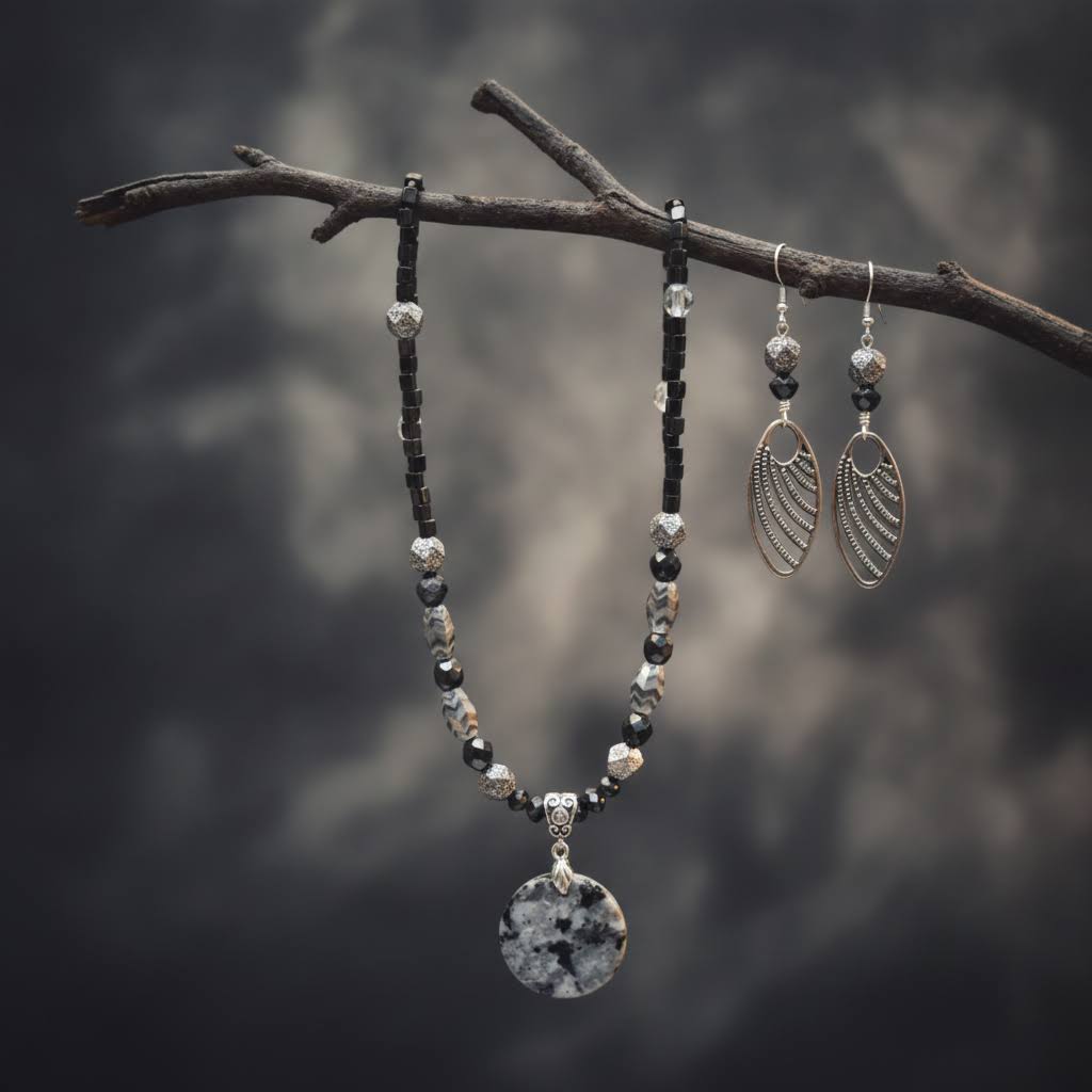 Heartfelt Creations  handmade jewelry set featuring a necklace and matching earrings, crafted from various black, white, and silver beads, with a circular, speckled granite-like agate stone pendant on the necklace and intricate, black filigree leaf-shaped pendants on the earrings.
