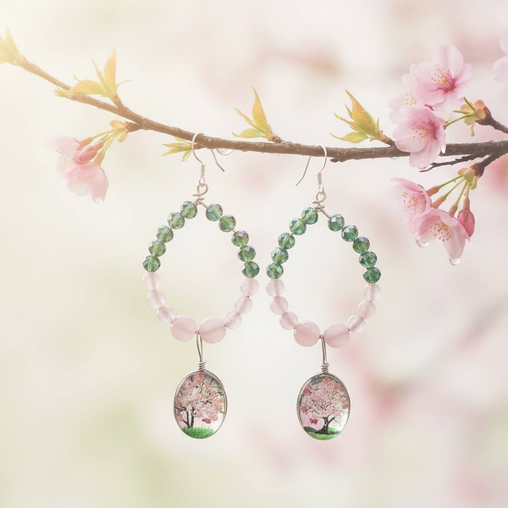 Beaded Botanical Drop Earrings (with Pink Flowered Trees!)