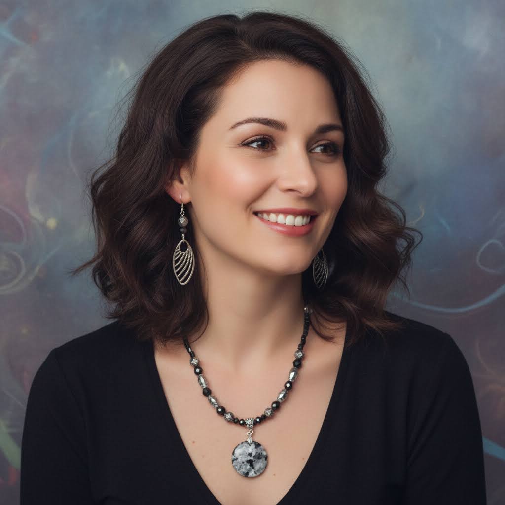 Heartfelt Creations  handmade jewelry set featuring a necklace and matching earrings, crafted from various black, white, and silver beads, with a circular, speckled granite-like stone pendant on the necklace and intricate, black filigree leaf-shaped pendants on the earrings.