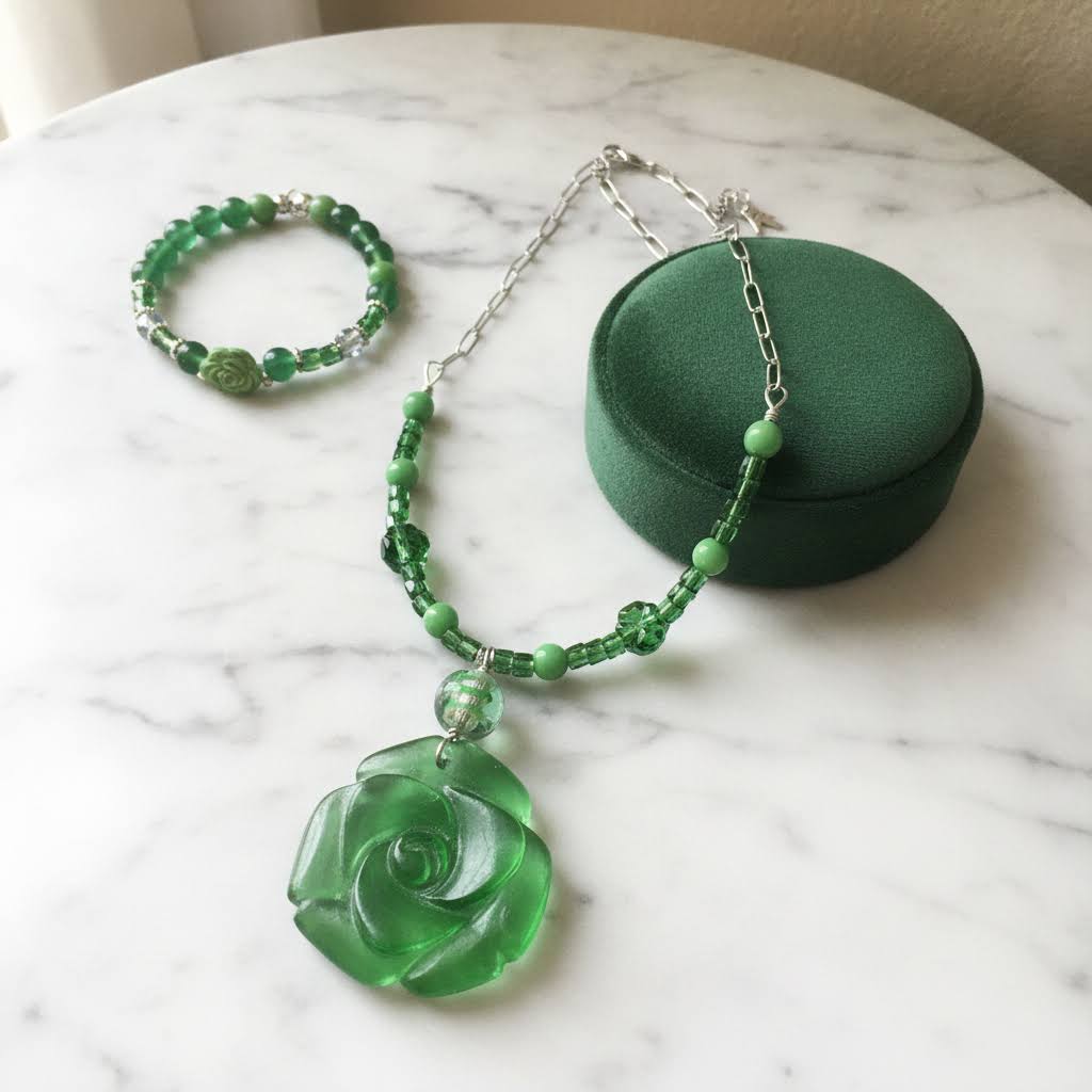 Heartfelt Creations' offers this stunning, nature-inspired beaded necklace and bracelet set. Featuring a vibrant palette of lush greens, this set is designed to add a touch of botanical elegance to any outfit. The centerpiece of the necklace is a beautifully detailed, frosted glass floral charm that captures the essence of a blooming rose, complemented by a variety of green beads that offer a rich, multi-textured look. The matching bracelet echoes this design, creating a cohesive and polished aesthetic.