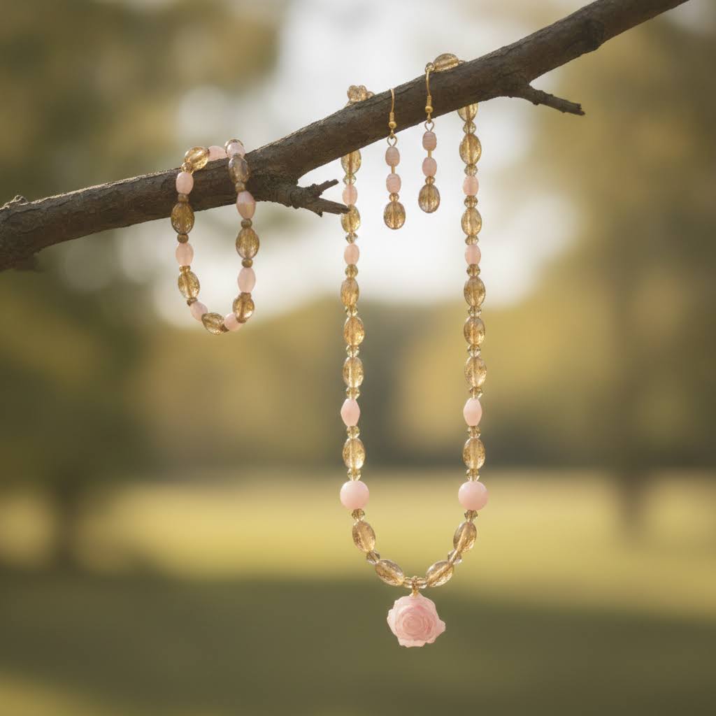 Pink Rose Pendant with Beaded Necklace, Bracelet and Earring Set