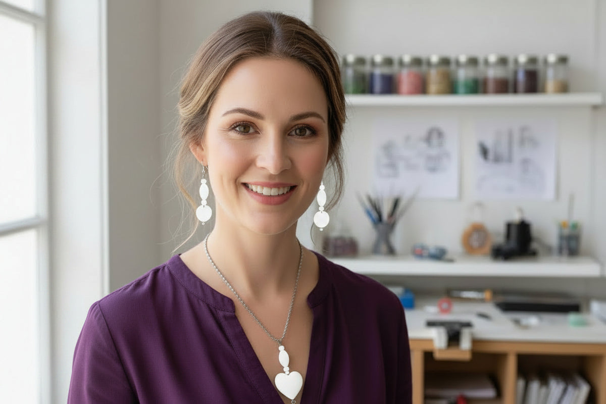 Heartfelt Creations offers a handcrafted  delicate jewelry set featuring a silver chain necklace with a heart-shaped, translucent white glass lampwork pendant and a pair of matching earrings with a combination of light white   and clear glass beads, with floral charms.