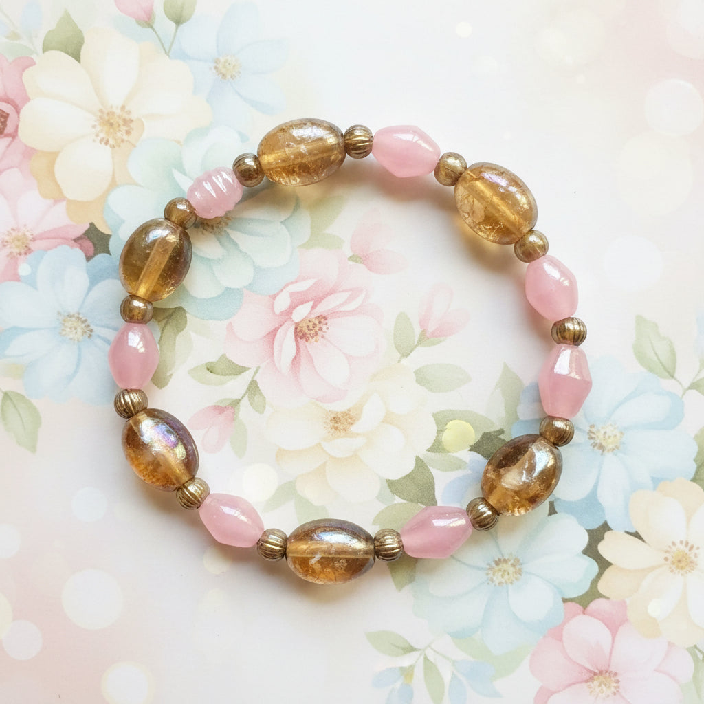 A beaded bracelet featuring polished pink and smoky brown translucent beads, arranged in a circle against a soft blue gradient background.