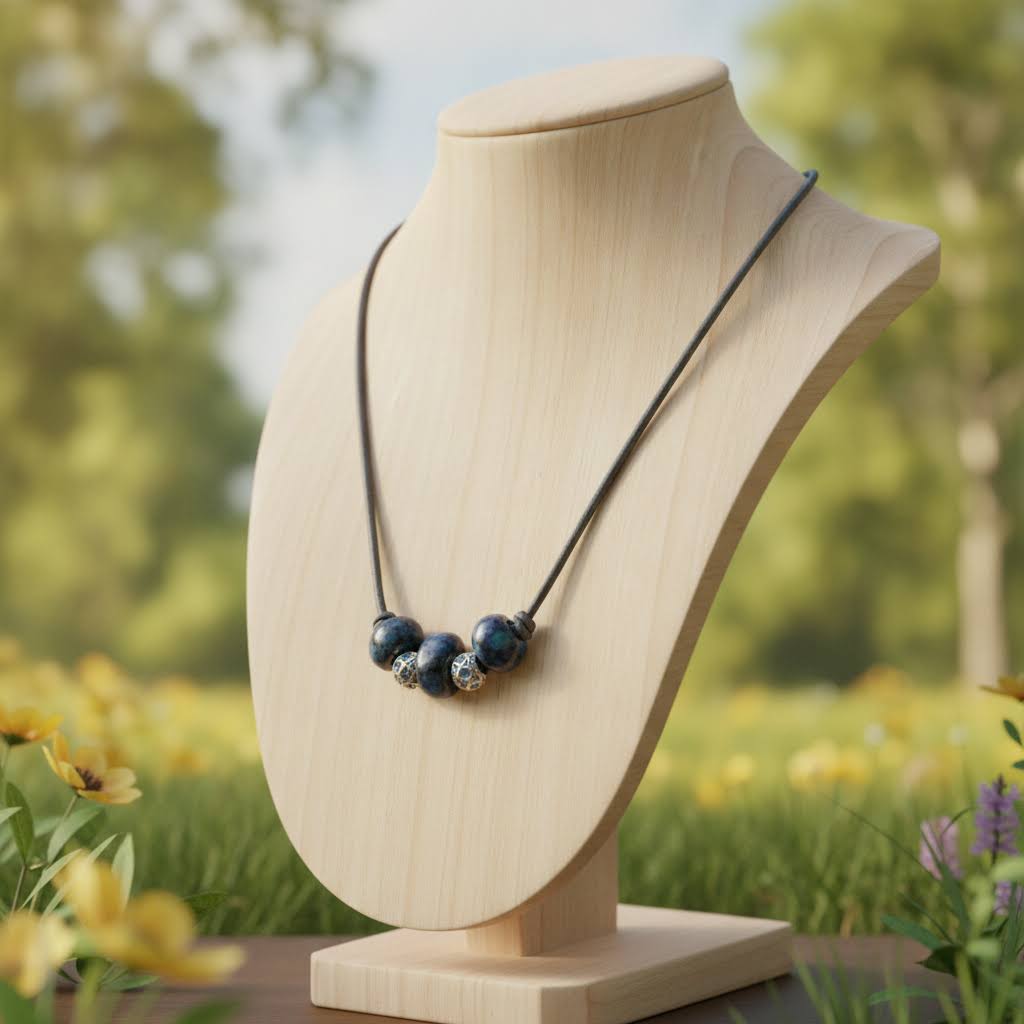 Heartfelt Creations'  handmade necklace featuring three large, glossy, deep blue home-made ceramic beads with a mottled texture, separated by two ornate, silver-toned metal spacer beads with a star-like pattern and small blue crystal accents, all strung on a dark cord.