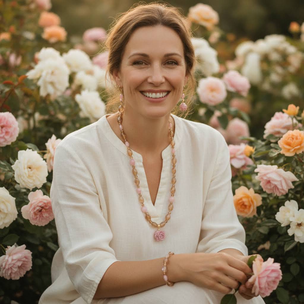 Heartfelt Creations design of a vintage-style jewelry set consisting of a necklace, bracelet, and earrings, all featuring a mix of translucent amber-colored glass beads and opaque pale pink beads, with the necklace having a large, carved pink rose pendant and the earrings being a dangling design with a single amber and pink bead.