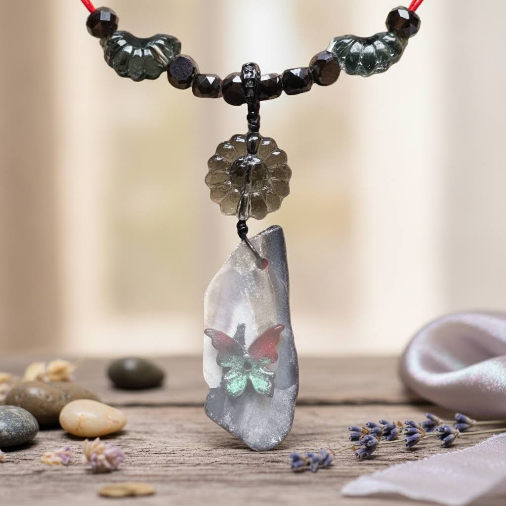 a handcrafted necklace and earring set featuring a delicate beaded chain of small, dark grey and golden beads, with a central pendant made of a polished, iridescent purple and white shell piece adorned with a small, colorful butterfly motif, accompanied by matching earrings with a single, translucent, light green floral-shaped bead