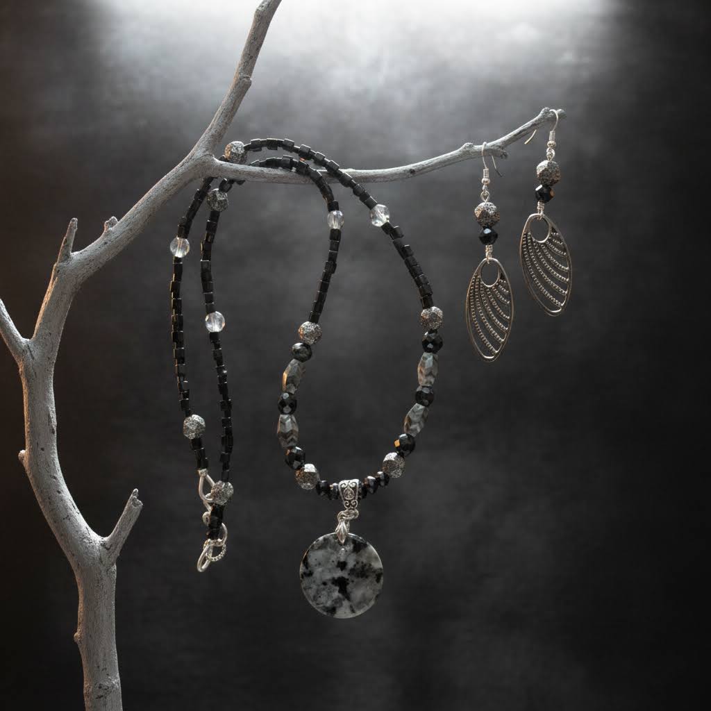 Heartfelt Creations  handmade jewelry set featuring a necklace and matching earrings, crafted from various black, white, and silver beads, with a circular, speckled granite-like stone pendant on the necklace and intricate, black filigree leaf-shaped pendants on the earrings.