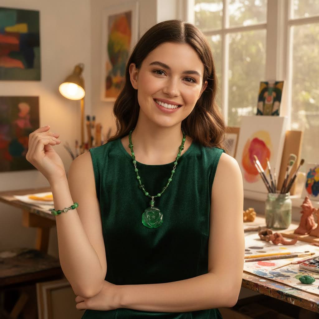 Heartfelt Creations' offers this stunning, nature-inspired beaded necklace and bracelet set. Featuring a vibrant palette of lush greens, this set is designed to add a touch of botanical elegance to any outfit. The centerpiece of the necklace is a beautifully detailed, frosted glass floral charm that captures the essence of a blooming rose, complemented by a variety of green beads that offer a rich, multi-textured look. The matching bracelet echoes this design, creating a cohesive and polished aesthetic.