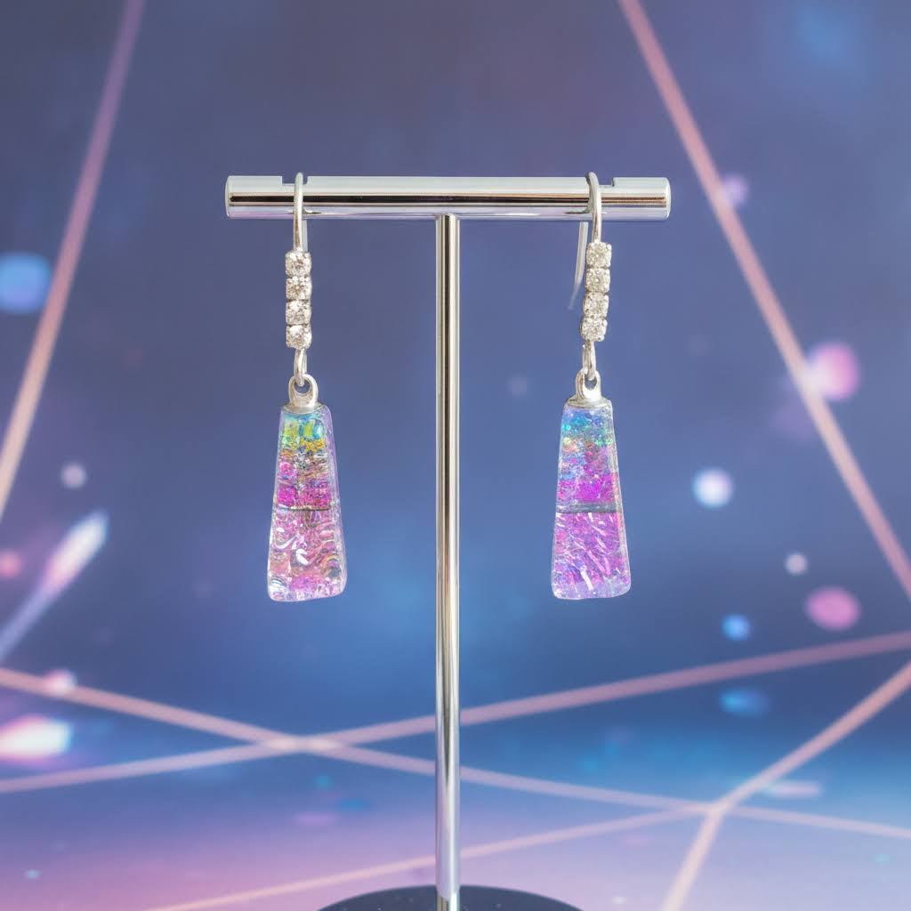 A pair of dangling earrings displayed on a silver T-stand. Each earring has a silver fishhook with a small cluster of clear rhinestones and a clear resin drop featuring embedded pink, purple, and blue glitter.
