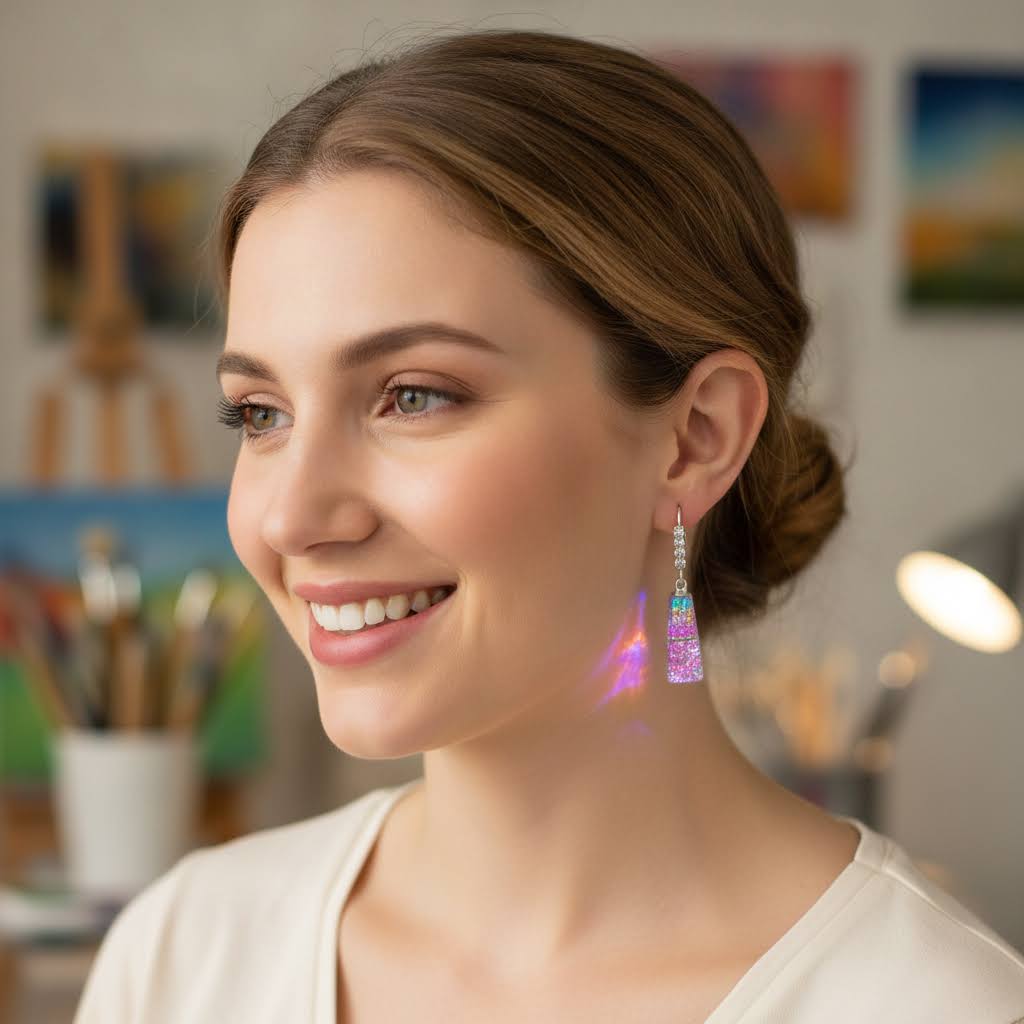 A woman with brown hair in a low bun wears a dangling earring with a silver-toned top and a colorful, iridescent purple and blue teardrop-shaped drop. She is smiling and looking to the side in an indoor setting with blurred artwork and a lamp in the background.