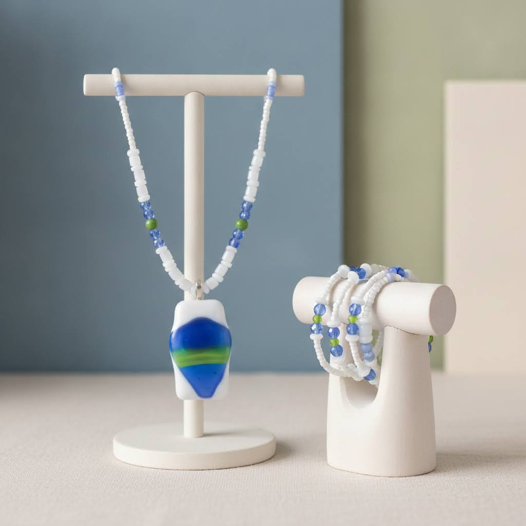 Heartfelt Creations' handmade jewelry set featuring a necklace and a multi-strand bracelet, both crafted with a mix of small, round, white, blue, and green beads, with the necklace featuring a prominent, rectangular, fused glass pendant with a vibrant blue, green, and white abstract design.