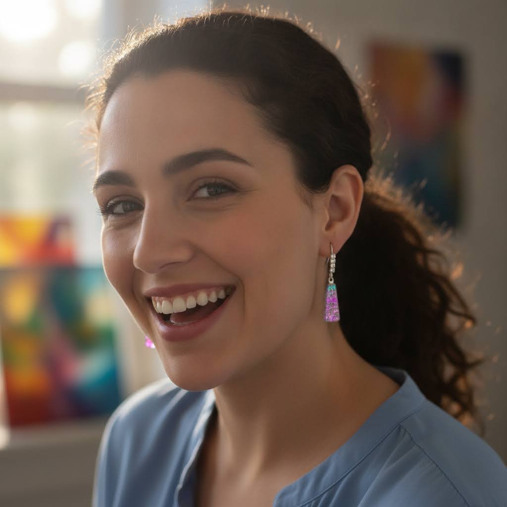 A close-up lifestyle shot of a smiling woman with dark hair in a ponytail, wearing a light blue scrub top and a dangling geometric earring with pink, purple, and blue facets.
