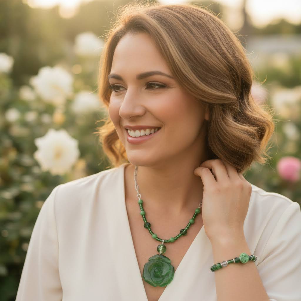 Heartfelt Creations' offers this stunning, nature-inspired beaded necklace and bracelet set. Featuring a vibrant palette of lush greens, this set is designed to add a touch of botanical elegance to any outfit. The centerpiece of the necklace is a beautifully detailed, frosted glass floral charm that captures the essence of a blooming rose, complemented by a variety of green beads that offer a rich, multi-textured look. The matching bracelet echoes this design, creating a cohesive and polished aesthetic.