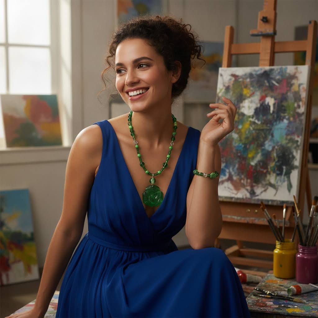 Heartfelt Creations' offers this stunning, nature-inspired beaded necklace and bracelet set. Featuring a vibrant palette of lush greens, this set is designed to add a touch of botanical elegance to any outfit. The centerpiece of the necklace is a beautifully detailed, frosted glass floral charm that captures the essence of a blooming rose, complemented by a variety of green beads that offer a rich, multi-textured look. The matching bracelet echoes this design, creating a cohesive and polished aesthetic.
