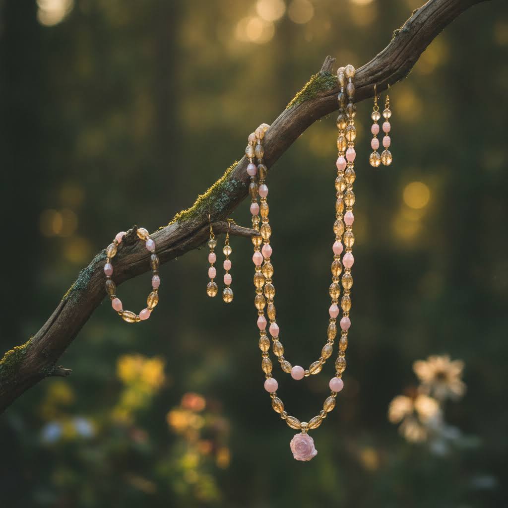 Heartfelt Creations design of a vintage-style jewelry set consisting of a necklace, bracelet, and earrings, all featuring a mix of translucent amber-colored glass beads and opaque pale pink beads, with the necklace having a large, carved pink rose pendant and the earrings being a dangling design with a single amber and pink bead.