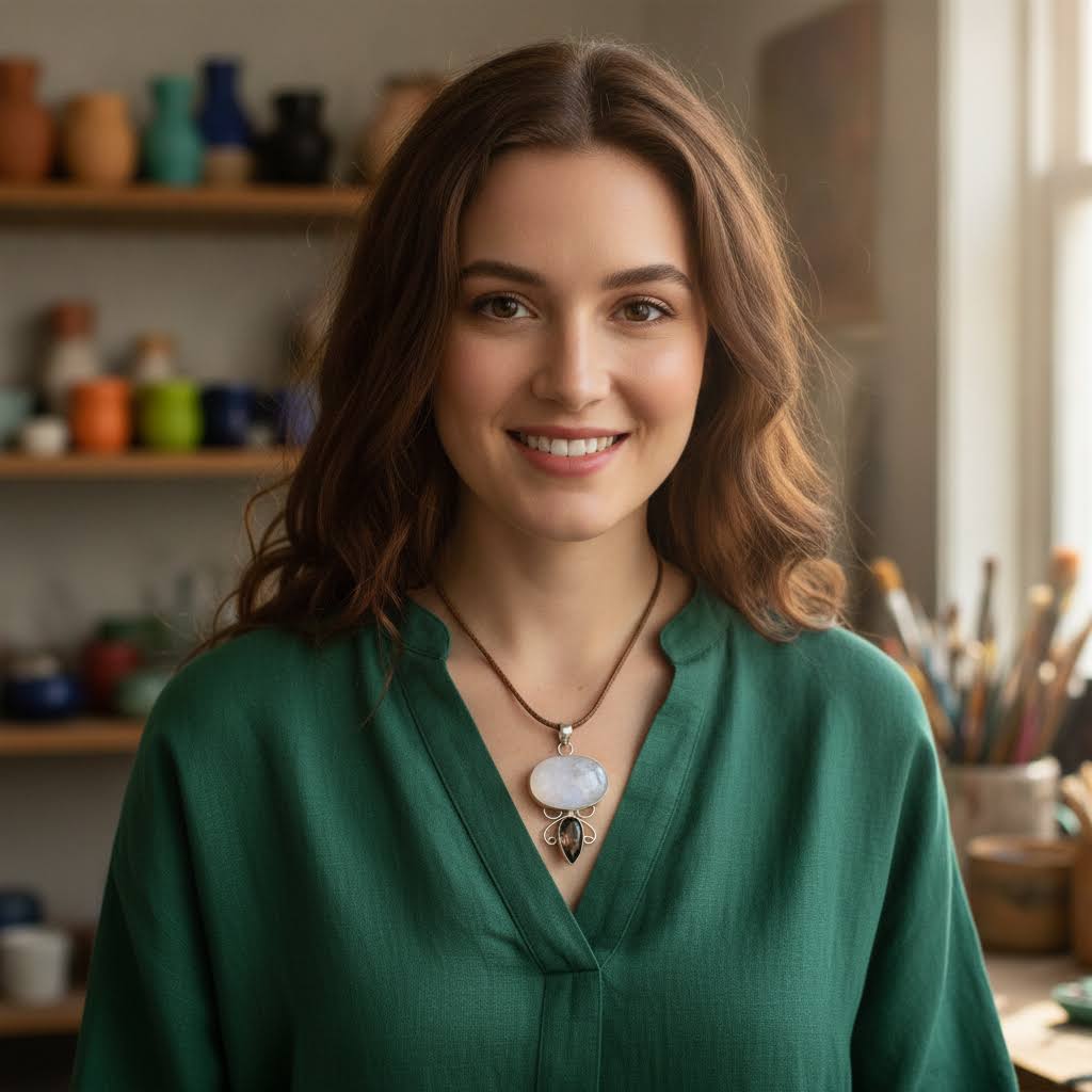 a handmade sterling silver pendant featuring a large, oval-shaped white moonstone cabochon and a smaller, teardrop-shaped faceted smoky quartz gemstone, connected by intricate silver wire scrollwork, suspended from a braided brown leather cord.
