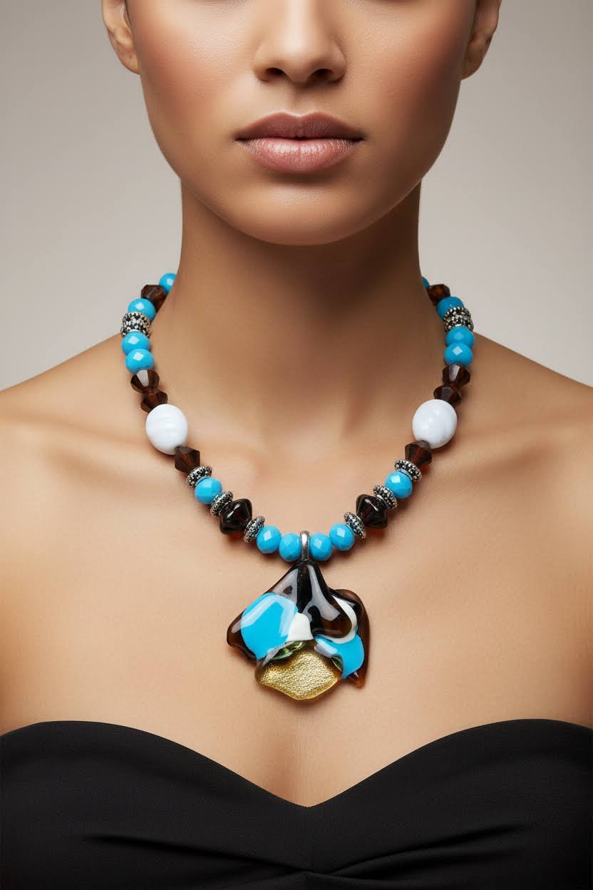 Artisan Beaded Necklace and Bracelet with Vivid Turquoise & Earthy Browns
