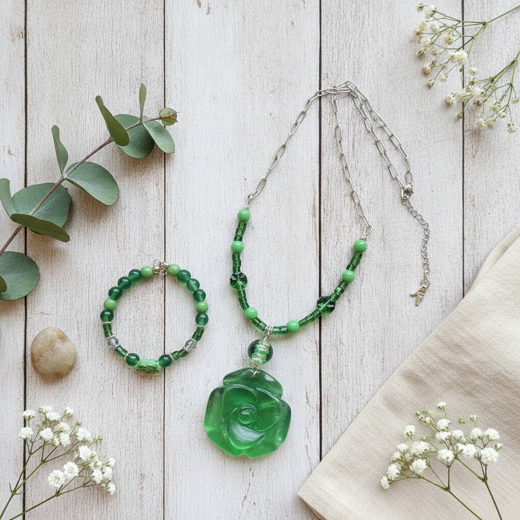 Heartfelt Creations' offers this stunning, nature-inspired beaded necklace and bracelet set. Featuring a vibrant palette of lush greens, this set is designed to add a touch of botanical elegance to any outfit. The centerpiece of the necklace is a beautifully detailed, frosted glass floral charm that captures the essence of a blooming rose, complemented by a variety of green beads that offer a rich, multi-textured look. The matching bracelet echoes this design, creating a cohesive and polished aesthetic.