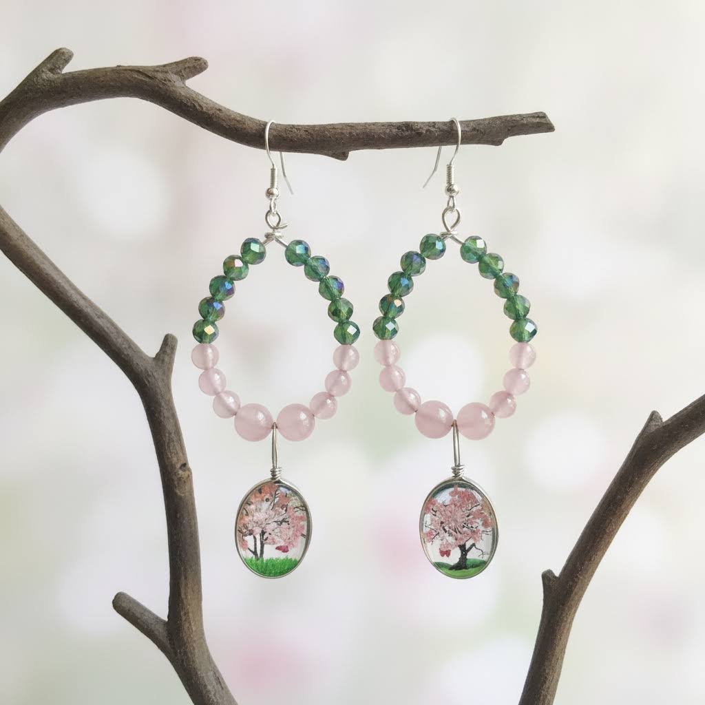 Beaded Botanical Drop Earrings (with Pink Flowered Trees!)