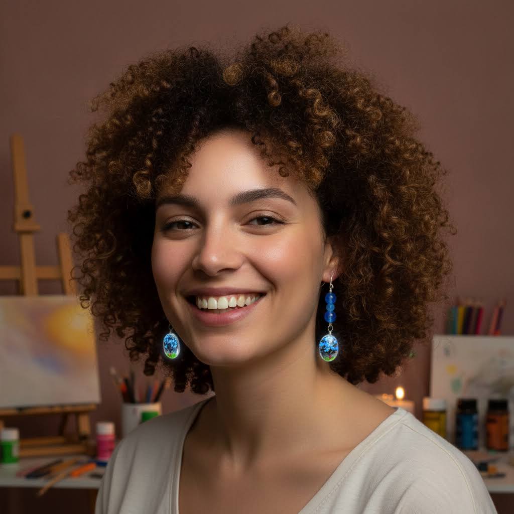 A smiling woman with curly brown hair wearing blue and green beaded drop earrings in a cozy, warmly lit art studio setting.
