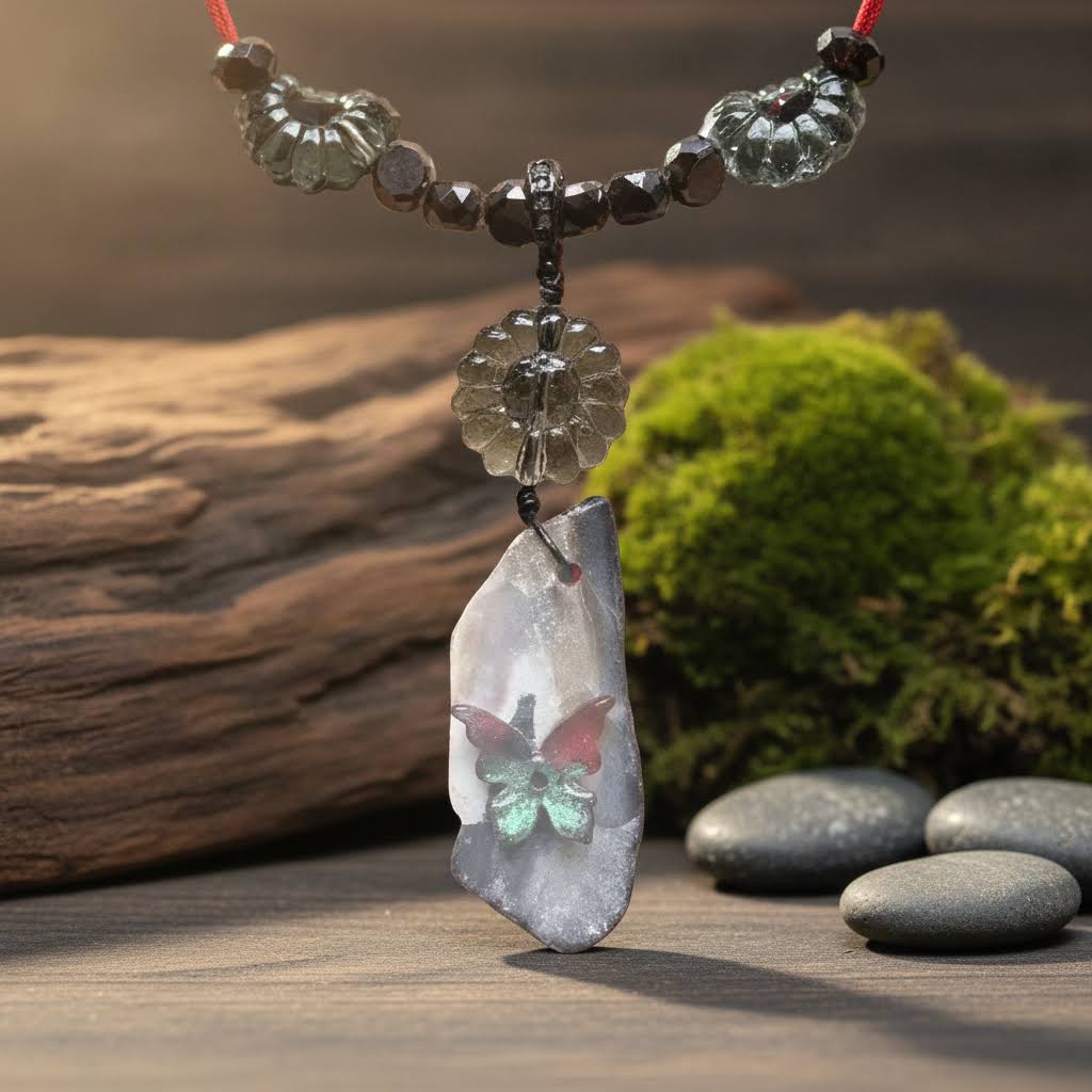 Sea Shell and Butterfly Pendant Necklace and Earring Set