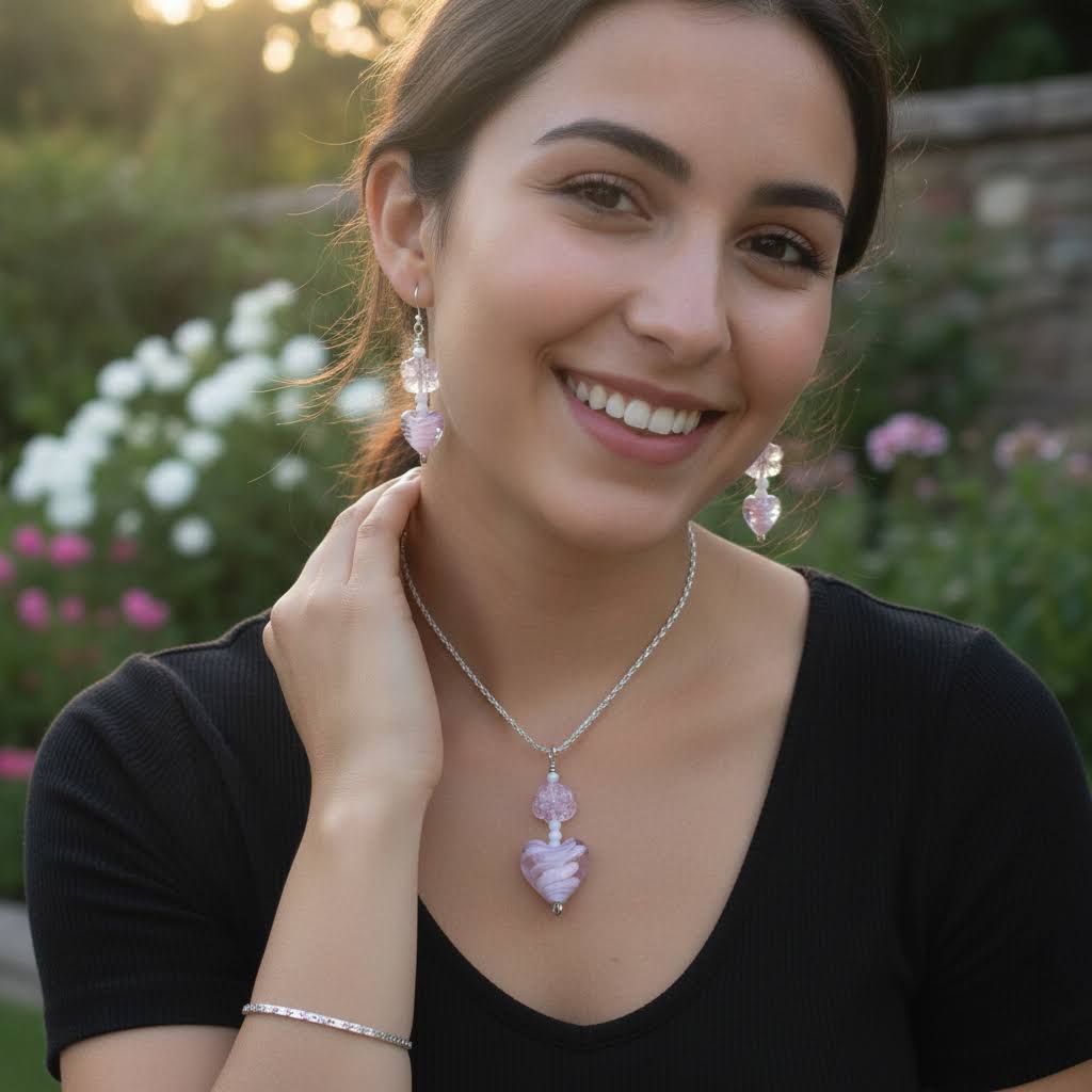 Heartfelt Creations offers a matching set of handcrafted jewelry, including a necklace and a pair of earrings, featuring silver-toned chains and hooks, with each piece adorned with a pale pink, swirled lampwork  glass heart bead and a delicate, clear glass flower bead.