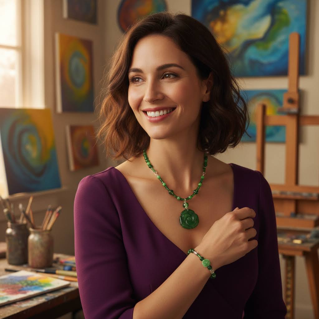 Heartfelt Creations' offers this stunning, nature-inspired beaded necklace and bracelet set. Featuring a vibrant palette of lush greens, this set is designed to add a touch of botanical elegance to any outfit. The centerpiece of the necklace is a beautifully detailed, frosted glass floral charm that captures the essence of a blooming rose, complemented by a variety of green beads that offer a rich, multi-textured look. The matching bracelet echoes this design, creating a cohesive and polished aesthetic.