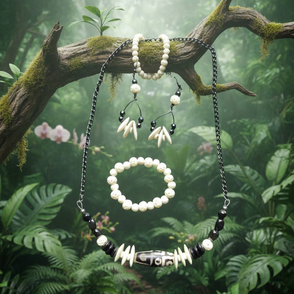 Heartfelt Creations offers a uniquely designed  jewelry set featuring a necklace, matching earrings, and a bracelet. The necklace includes black stones, white ivory-like beads, and a central black/white/grey marbled focal bead on the necklace.  A gun metal chain completes the necklace.  Finally, a simple yet striking bracelet with carved beads and drop earrings offering all the features, completes the set,
